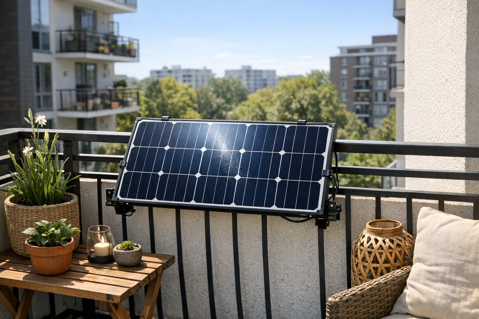 Balkonkraftwerk mit zwei Solarmodulen an einem Balkongeländer