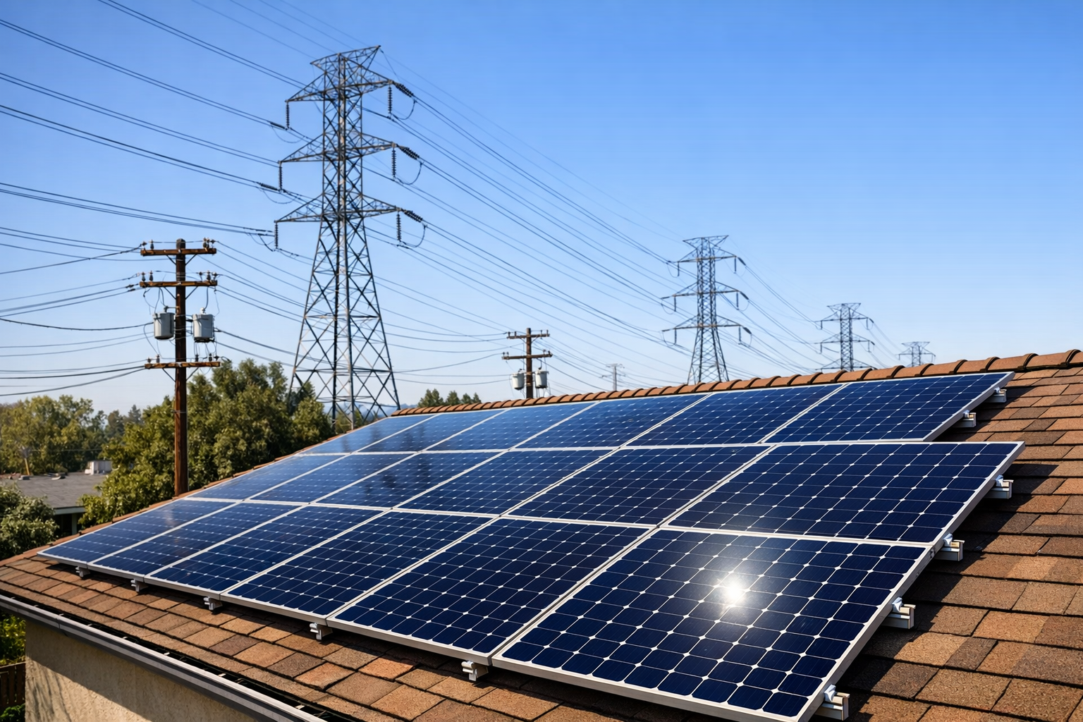 Photovoltaikanlage auf einem Einfamilienhaus mit Stromzähler und Wechselrichter