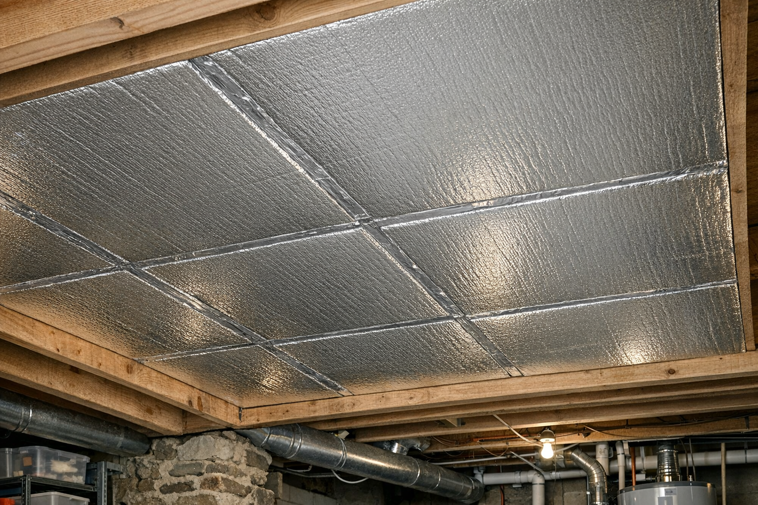 Dämmplatten an einer Kellerdecke von unten montiert