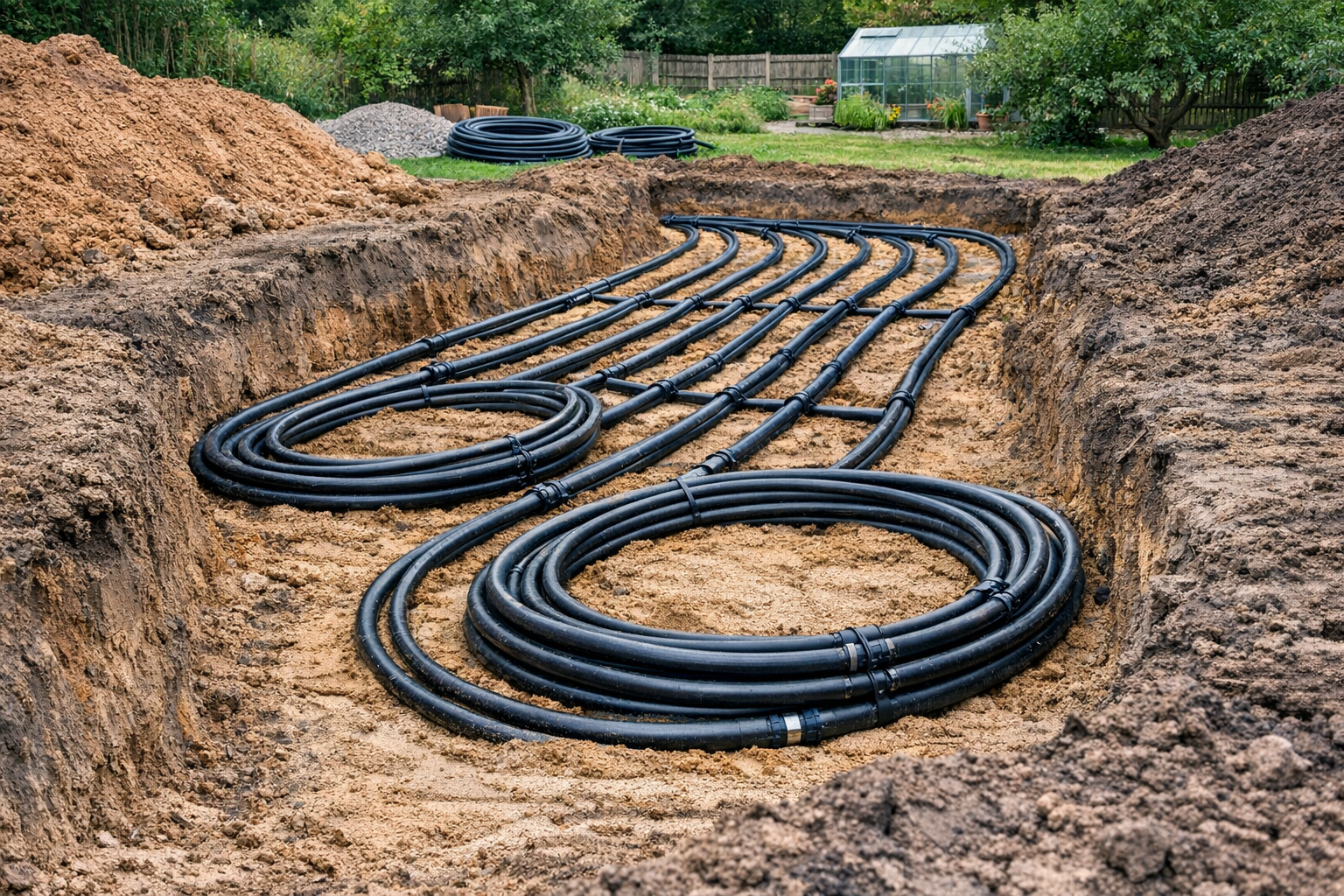 Außeneinheit einer Luft-Wasser-Wärmepumpe und Erdsonden-Bohrung im Vergleich