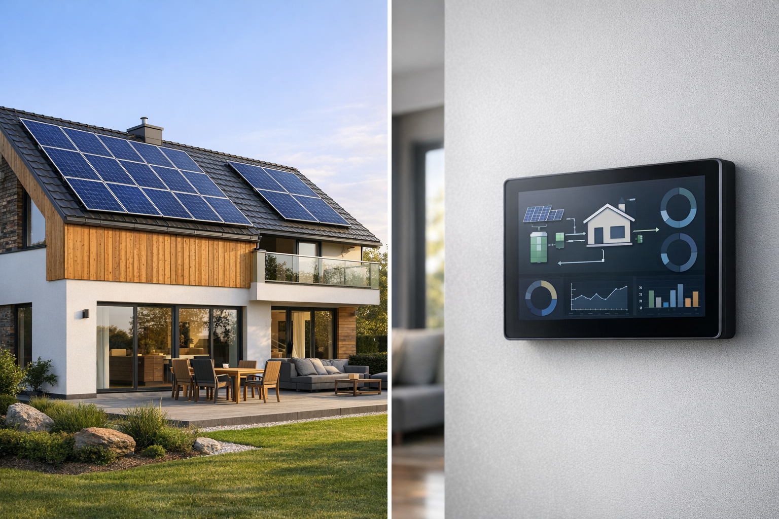 Haushaltsgeräte und Solarmodul als Symbol für hohen Eigenverbrauch von Solarstrom