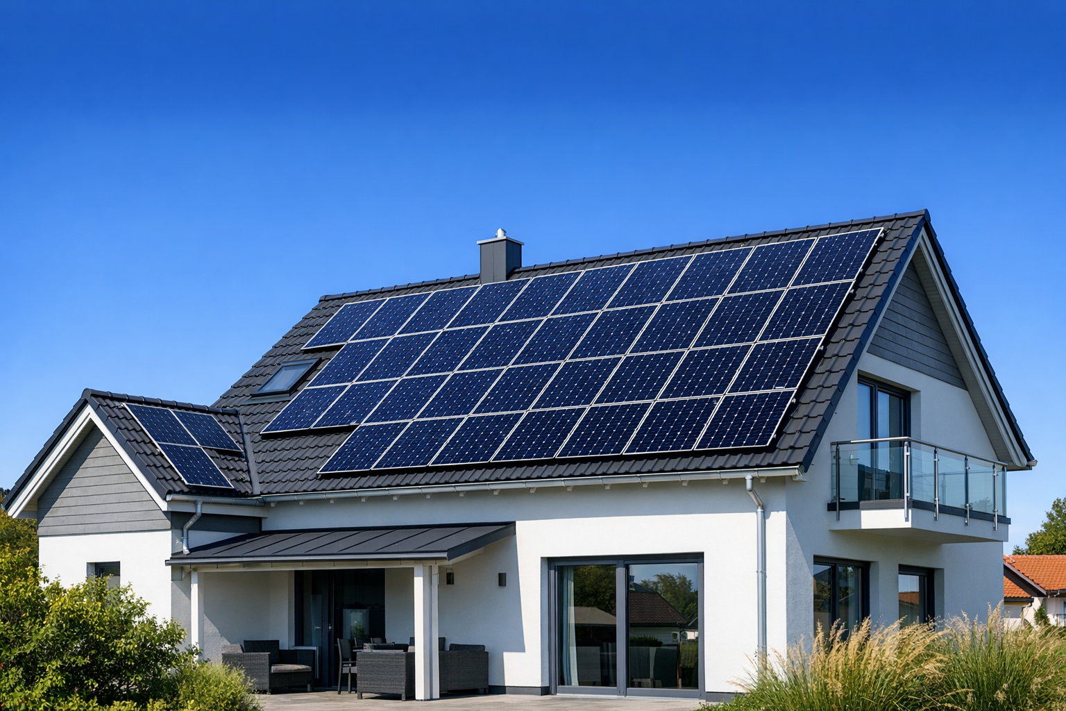 Einfamilienhaus mit Photovoltaikanlage auf dem Dach an einem sonnigen Tag