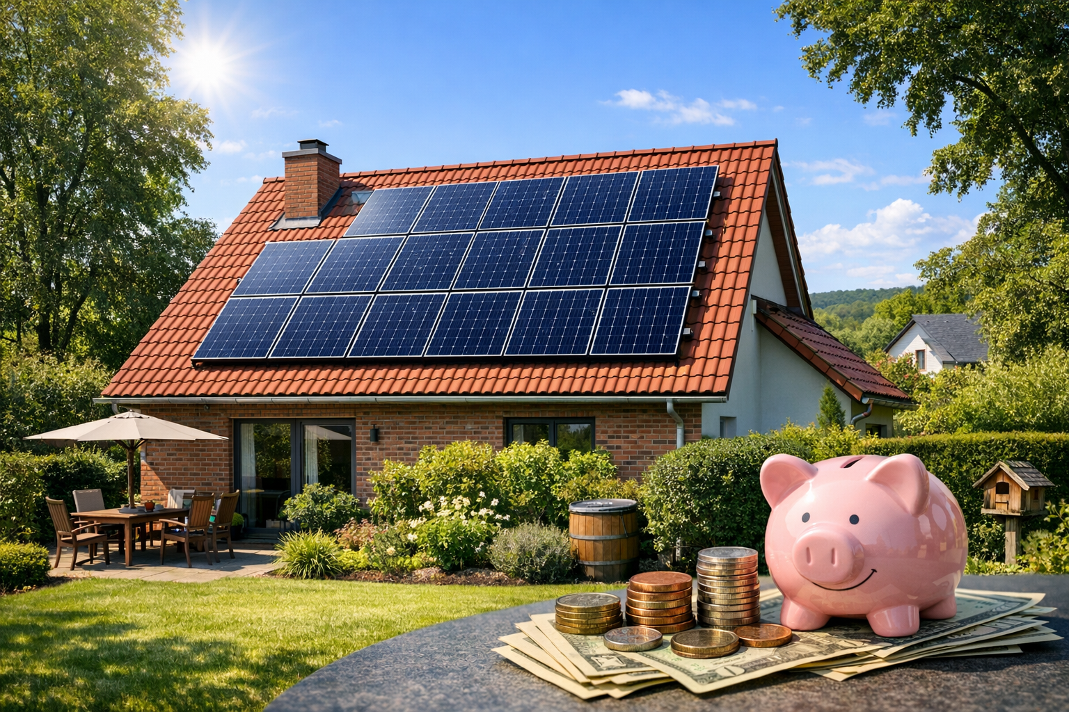 Solaranlage auf einem Wohnhaus mit Sparschwein und Taschenrechner als Symbol für Förderung