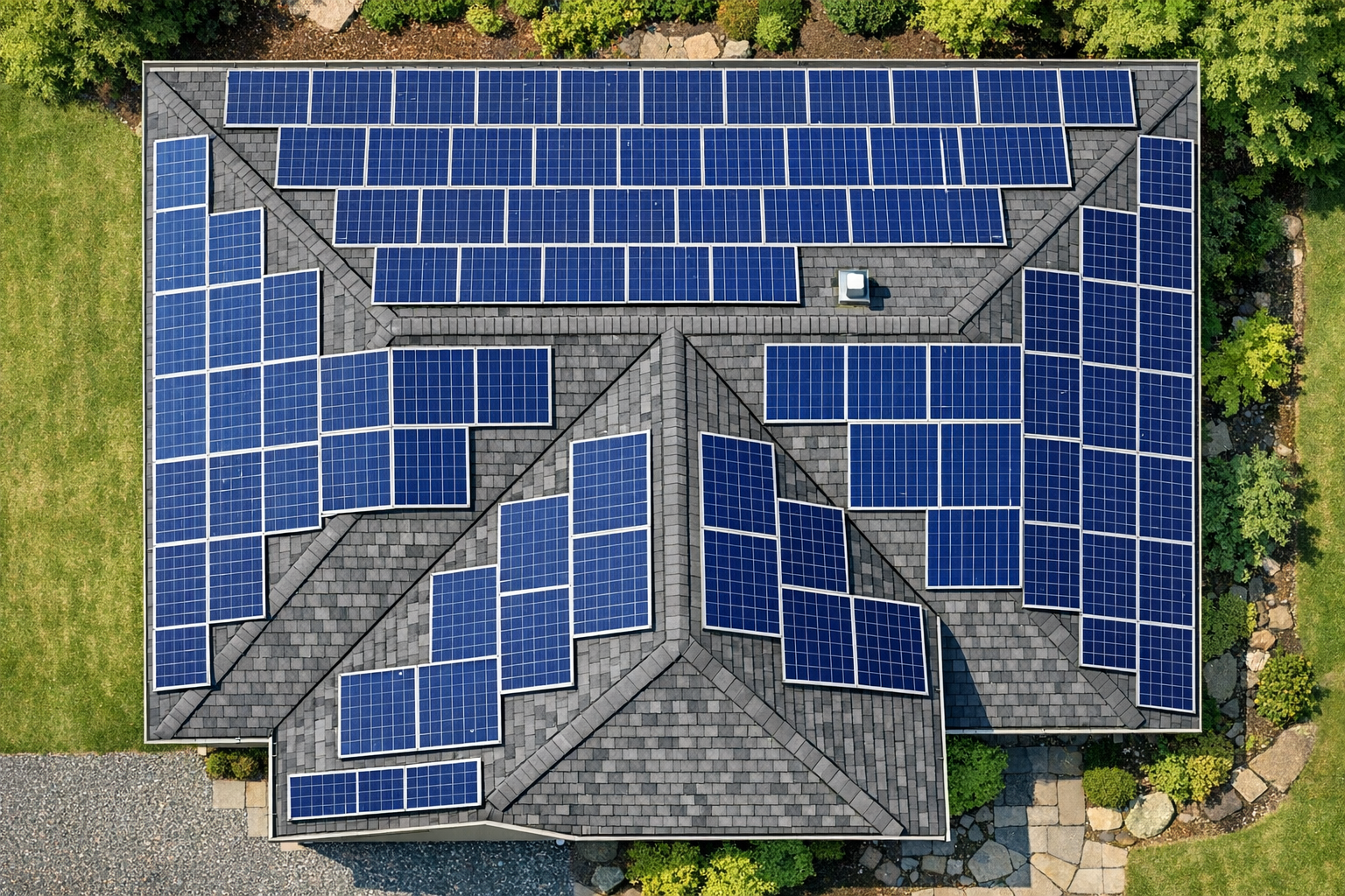Bauplan eines Dachs mit eingezeichneten Solarmodulen und Maßangaben