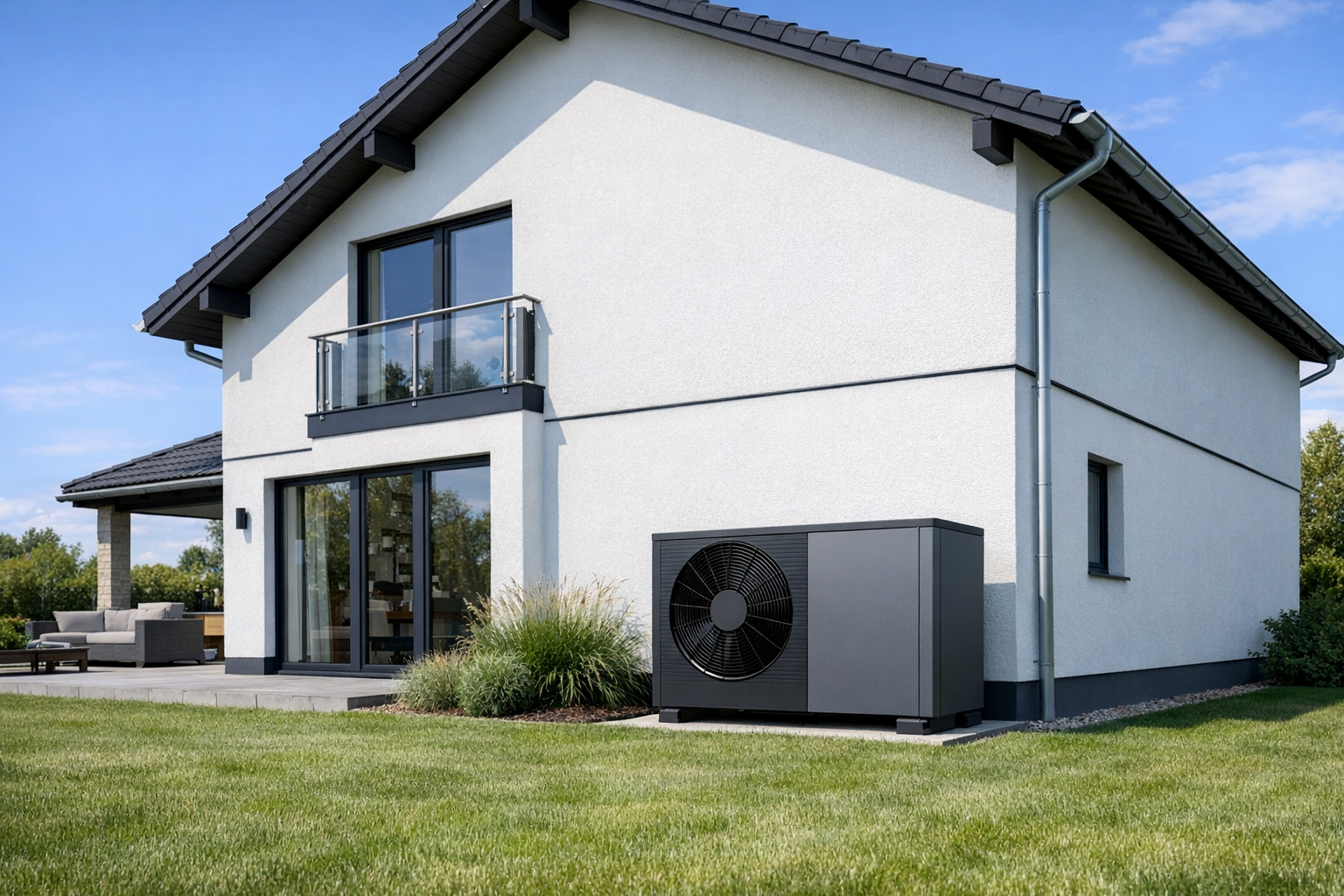 Moderne Luft-Wärmepumpe an einem Einfamilienhaus