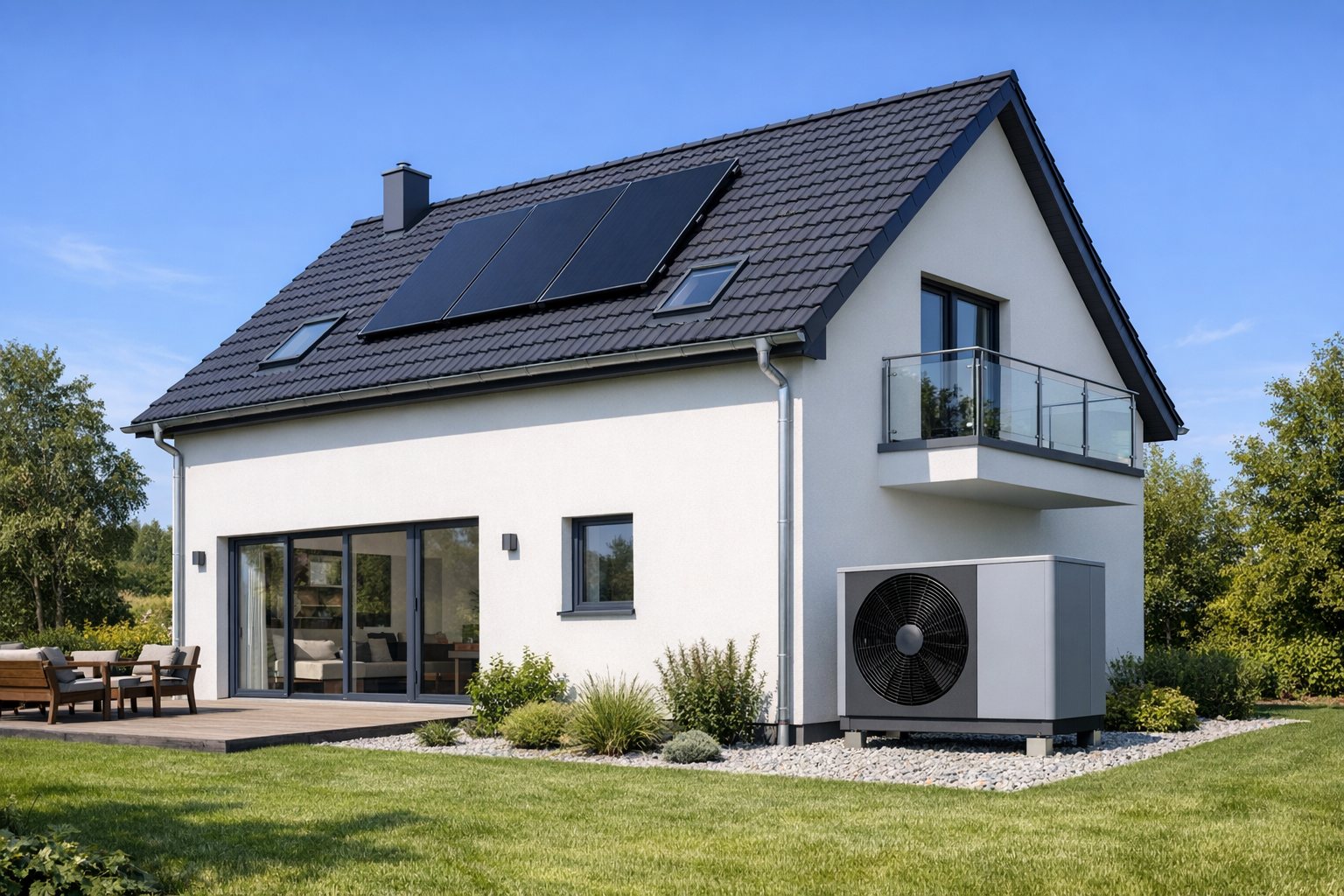Einfamilienhaus mit neuer Wärmepumpe im Garten und geprüfter Dämmung